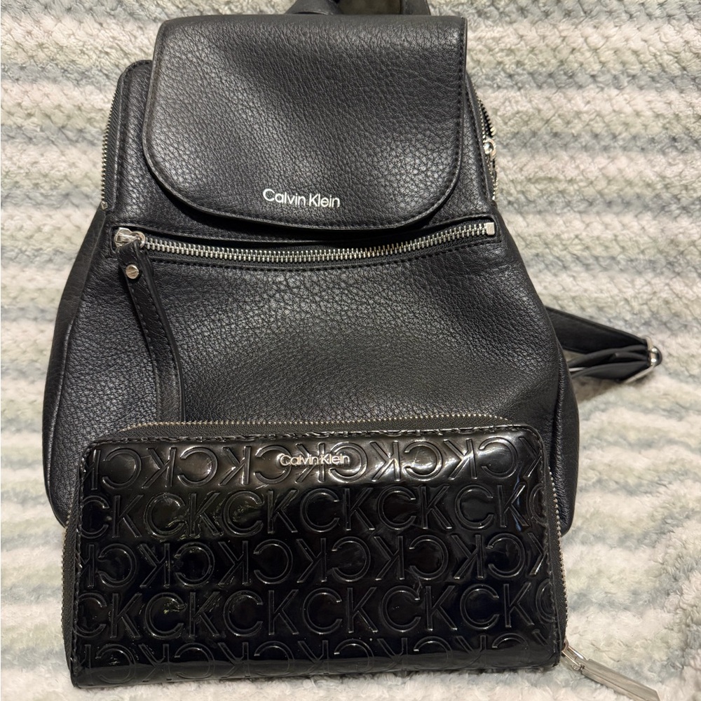 Calvin Klein Black Textured Backpack and Wallet
